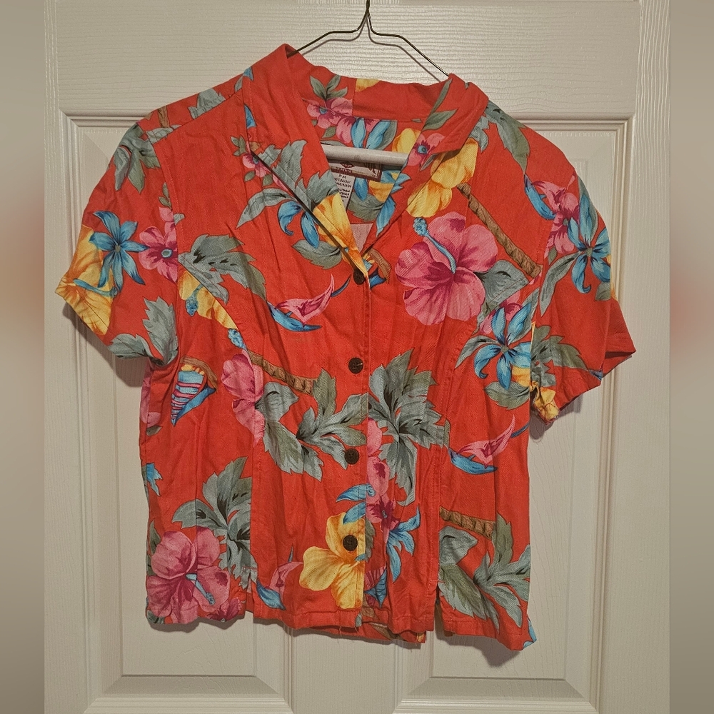 Caribbean Joe Red Tropical Print Button Down Shirt with Mandarin Collar Sz PM